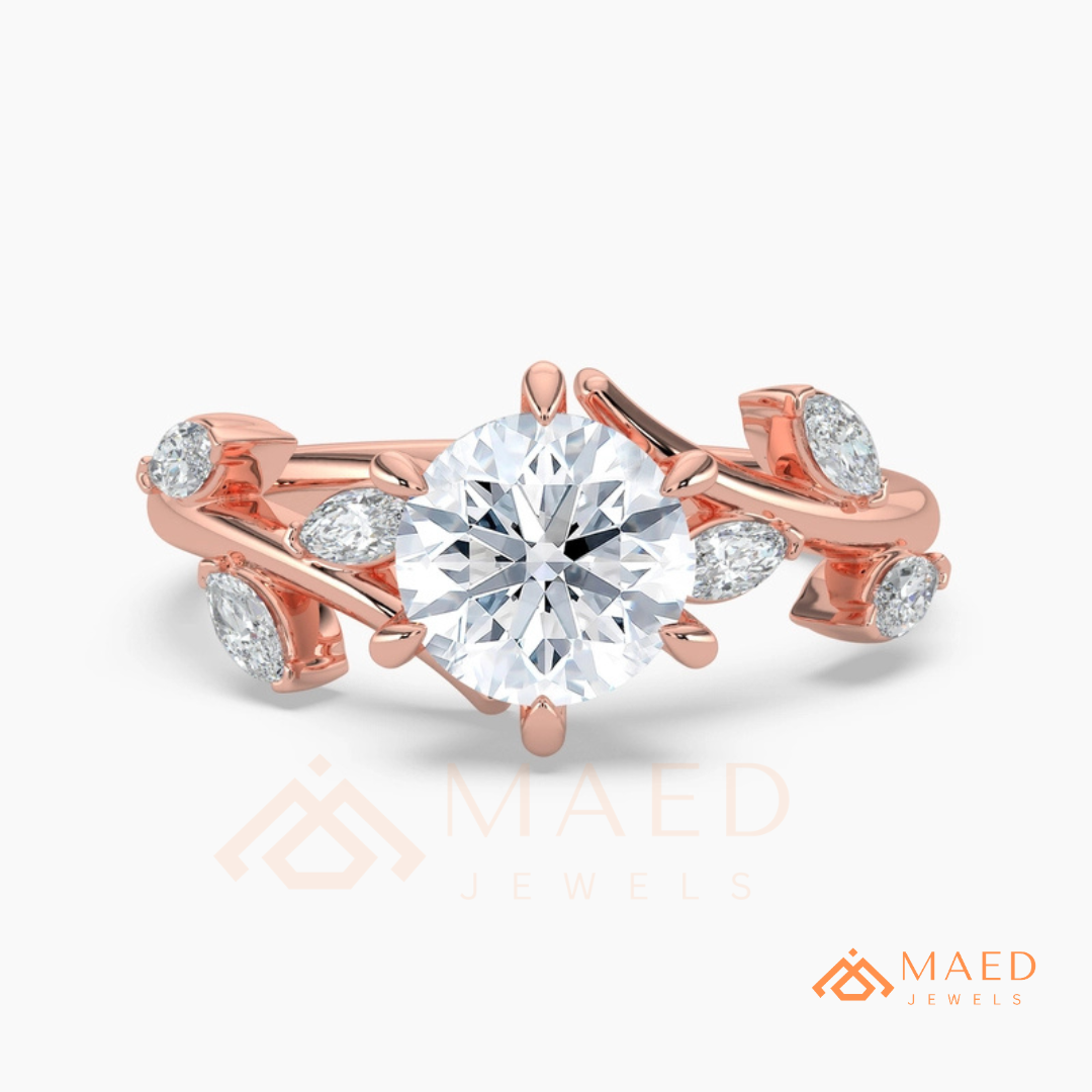 Nature Inspired Round Moissanite Engagement Ring, 6-Prong Marquise Leaf Twig Wedding Ring in Silver, 14K Gold & Rose Gold