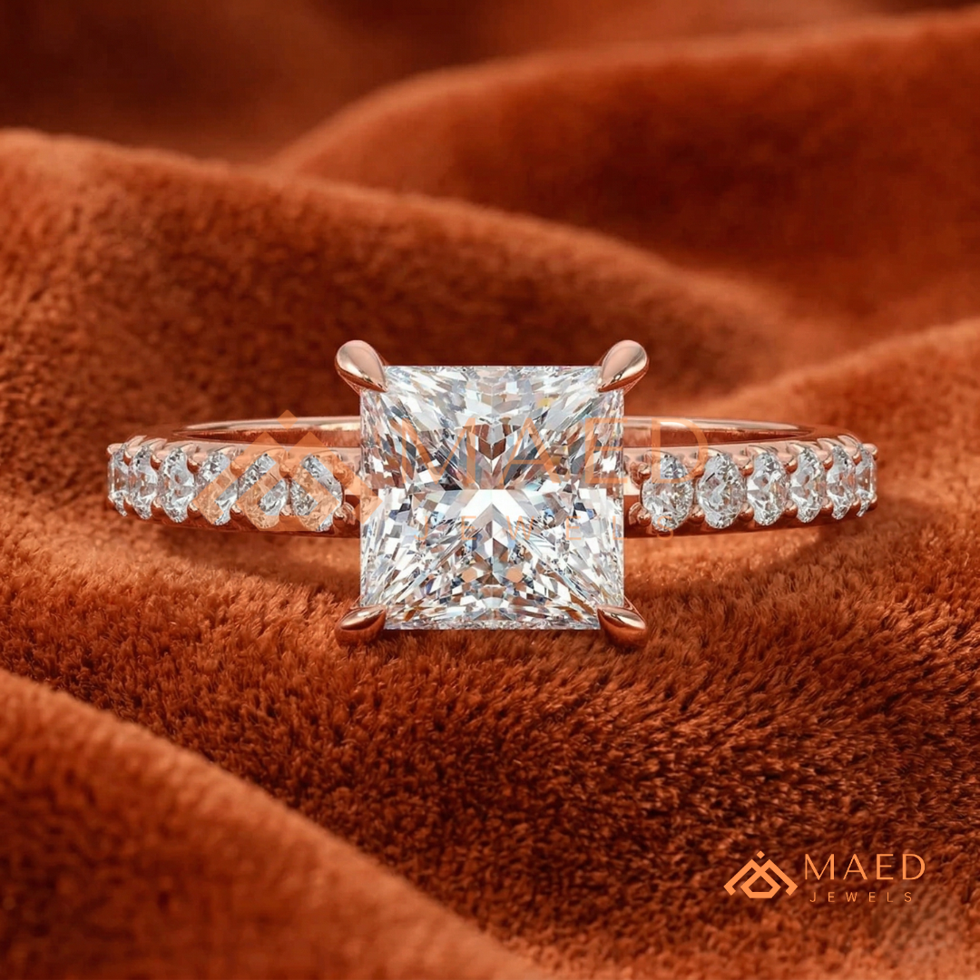 Princess Cut Engagement Ring with Pavé Band | 14k Gold, Rose Gold & Silver