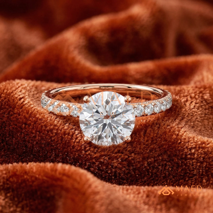Classic Round Cut Pave Solitaire Ring in Silver, 14K Yellow Gold, or Rose Gold