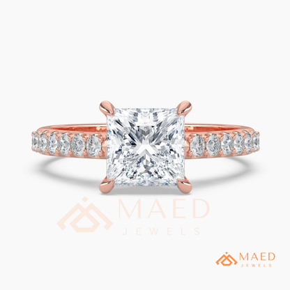 Princess Cut Engagement Ring with Pavé Band | 14k Gold, Rose Gold & Silver