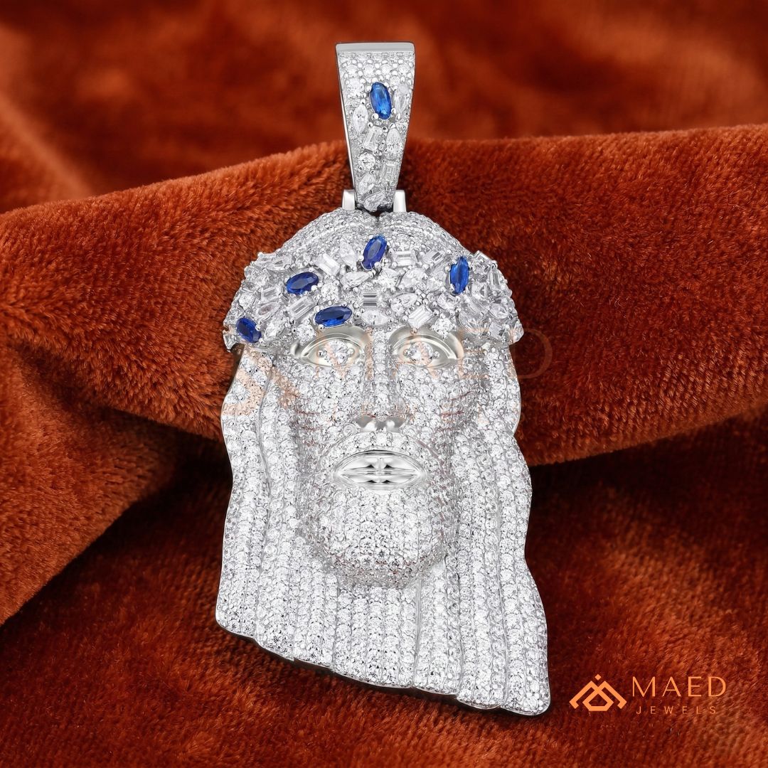 Iced Out Jesus Head Piece with Blue Sapphires | Silver, 14K Yellow & Rose Gold