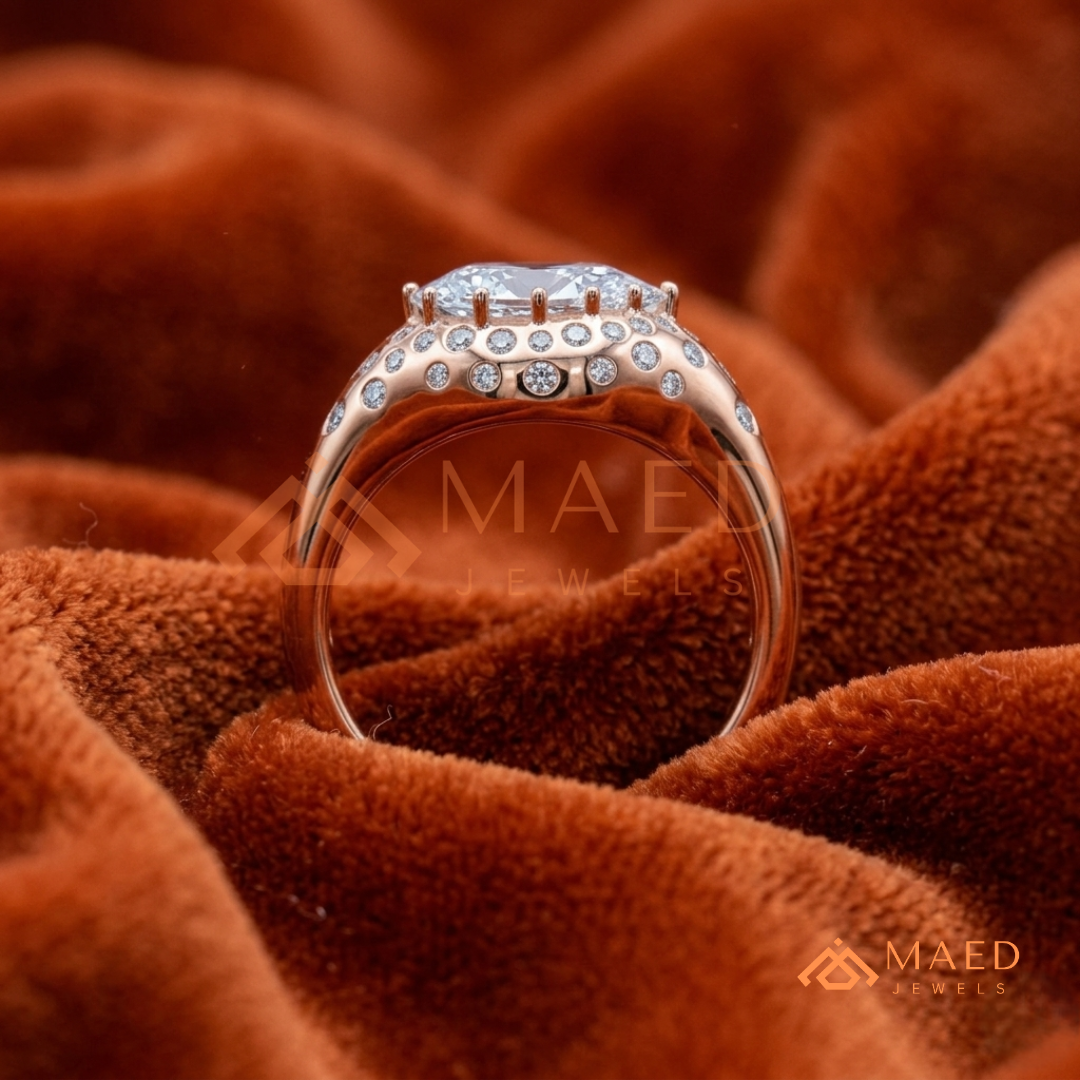 East-West Pear Cut Engagement Ring | Flush Setting Pave Dome Band in 14K Gold, Rose Gold & Silver