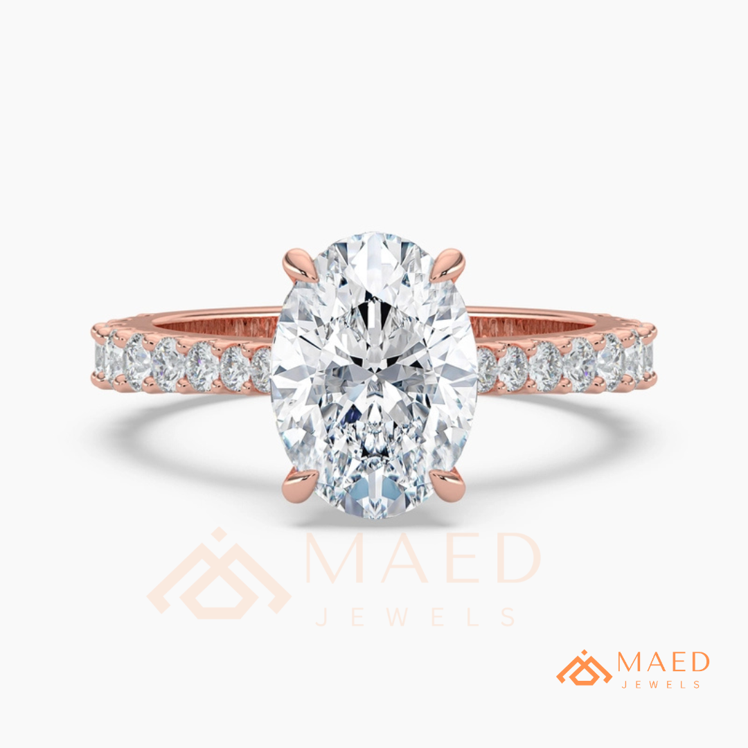 Oval Cut Engagement Ring with Shared Prong Band | 14k Gold, Rose Gold & Silver