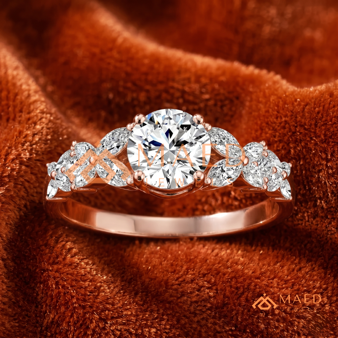 Botanical Marquise Cluster Engagement Ring with Round Center Stone
