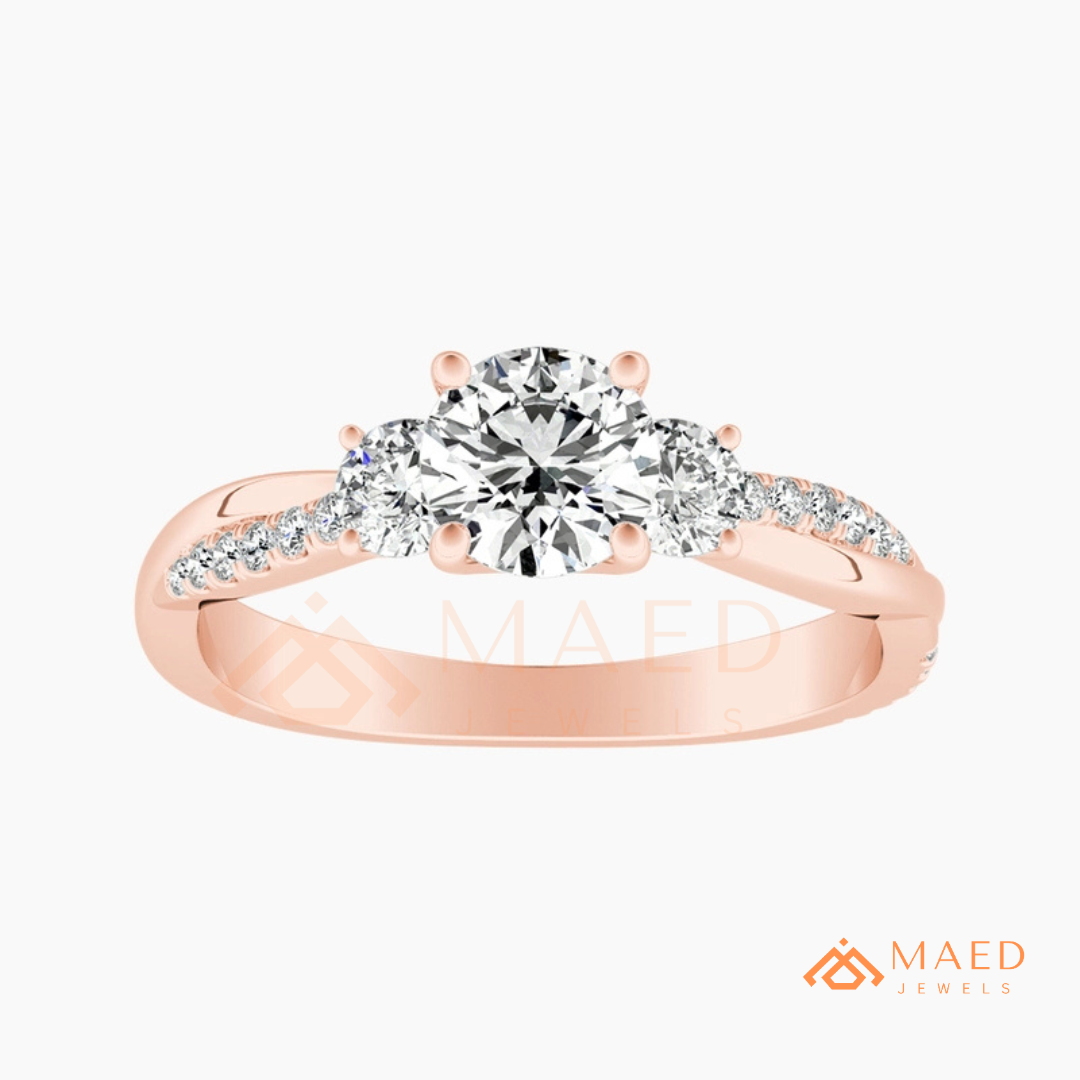 Classic 3-Stone Twisted Pavé Diamond Simulant Ring in Gold, Rose Gold & Silver