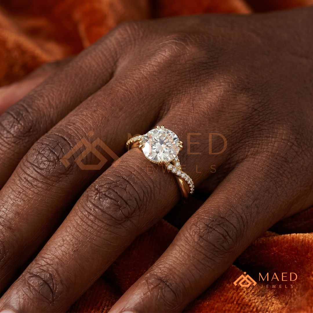 Round Cut Engagement Ring with Twisted Pavé Band in Silver, 14K Gold, & 14K Rose Gold