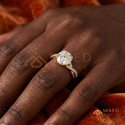 Round Cut Engagement Ring with Twisted Pavé Band in Silver, 14K Gold, & 14K Rose Gold