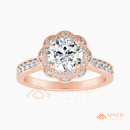 Round Cut Flower Halo Engagement Ring with Pave Band