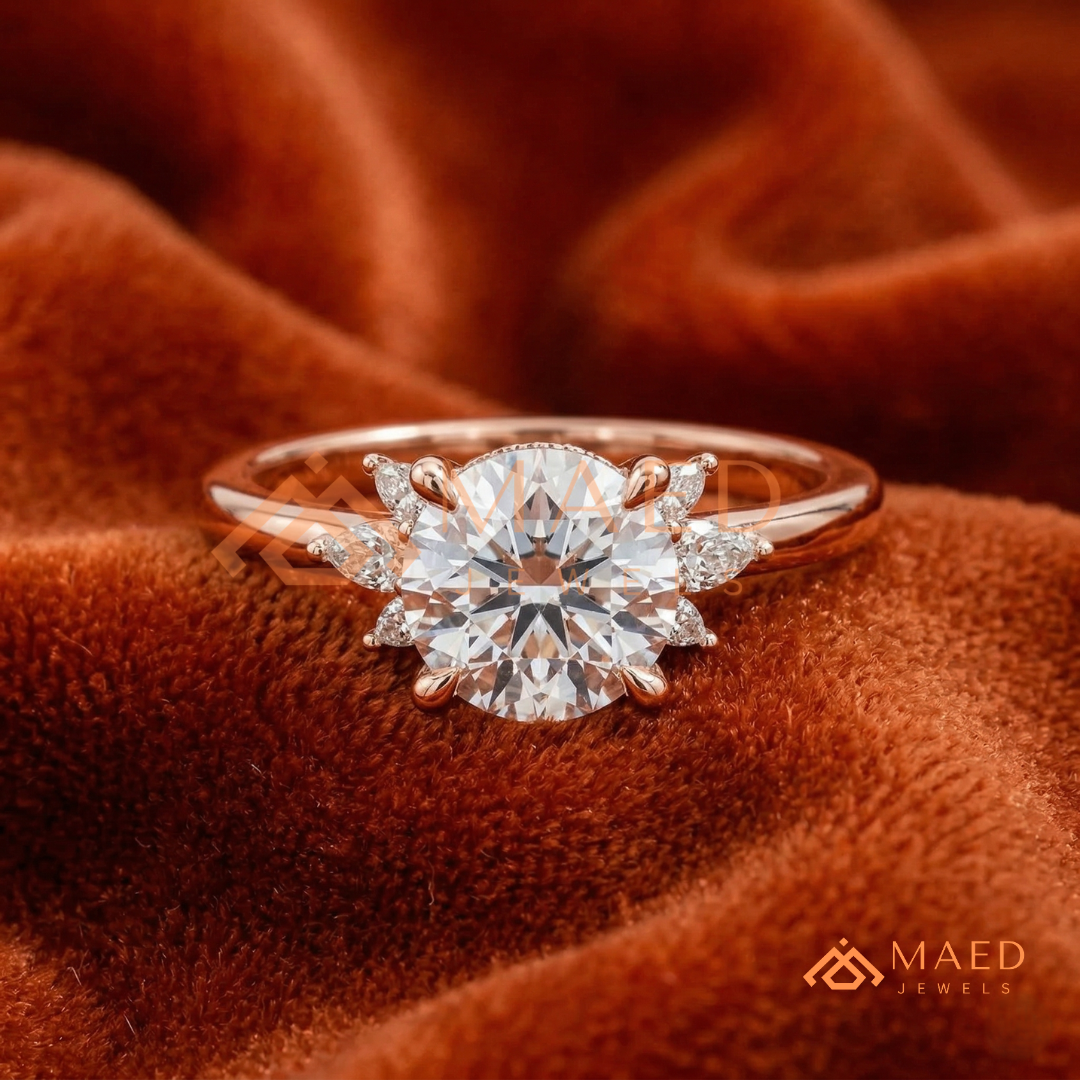 Round Brilliant Cut Ring with Marquise Floral Cluster | 14k Gold, Rose Gold & Silver