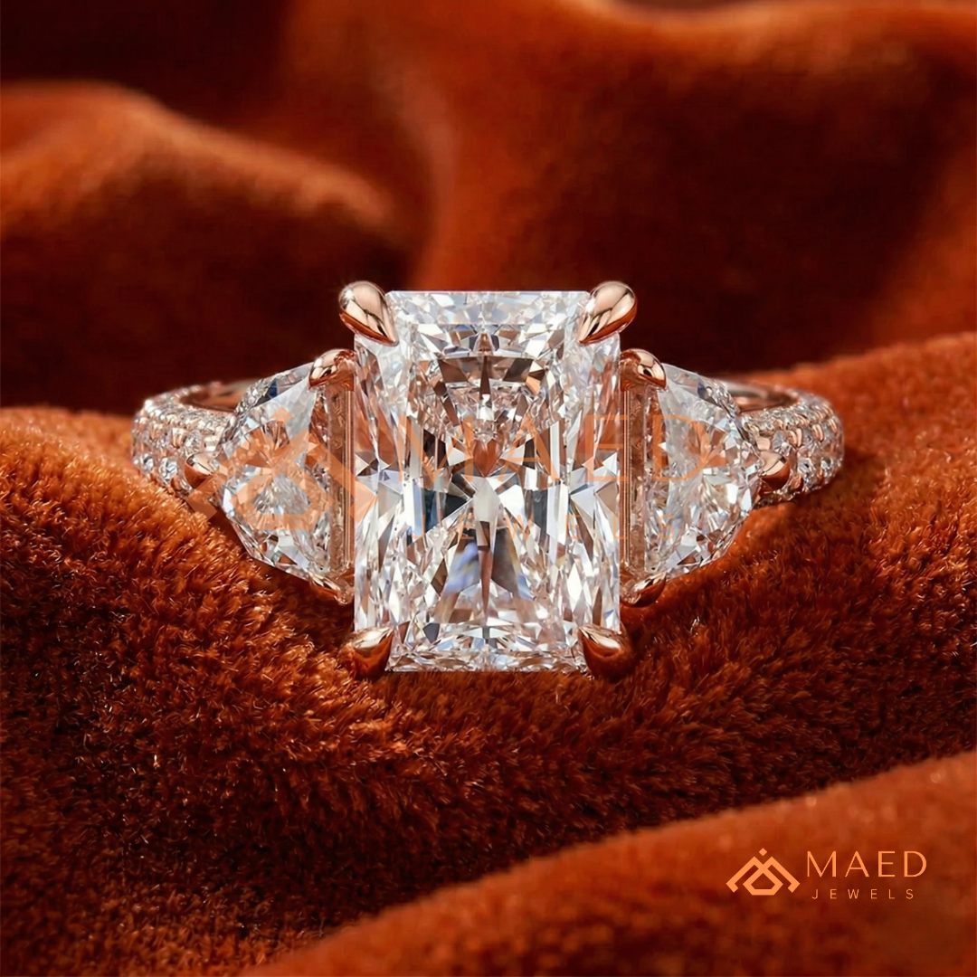 Classic Radiant Cut Three-Stone Engagement Ring with Half-Moon Side Stones in Silver, 14K Gold & Rose Gold