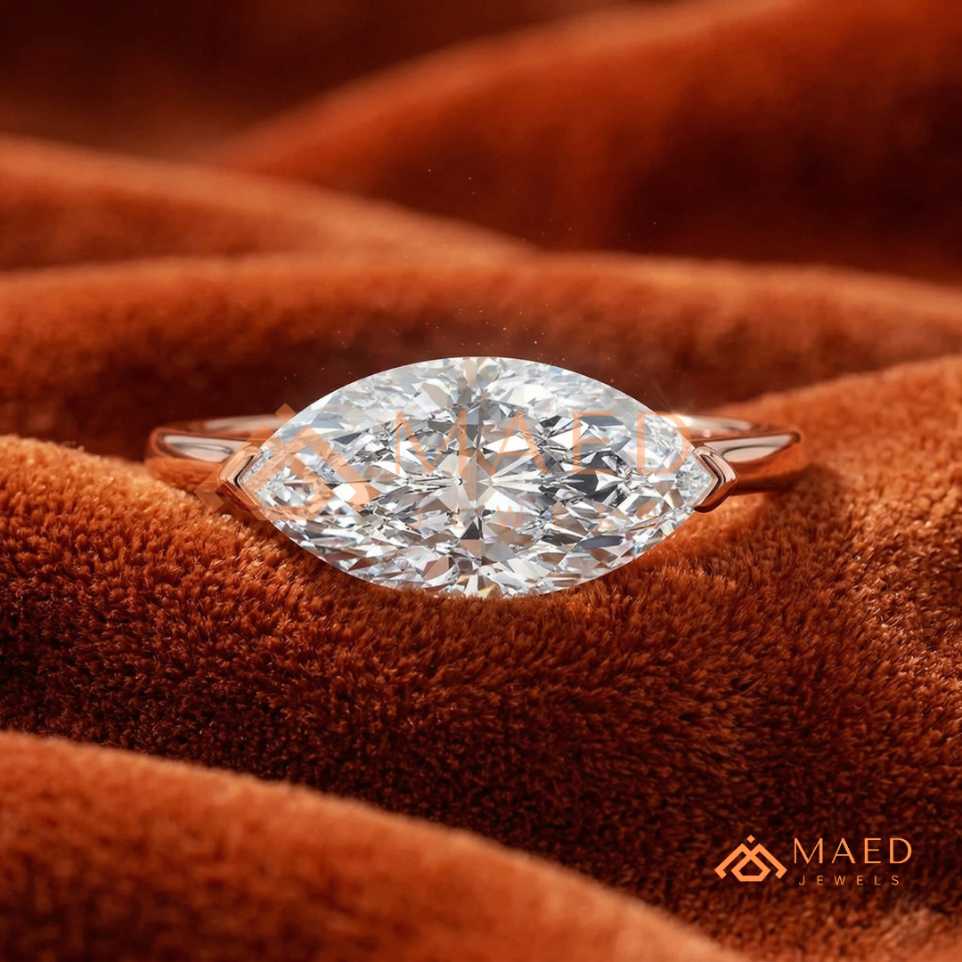 East-West Marquise Cut Engagement Ring | 14K Gold, Rose Gold & Silver Solitaire