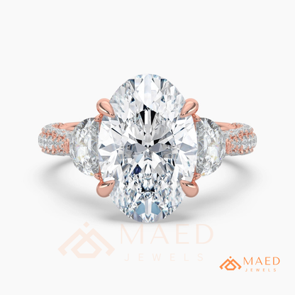 Oval Cut Engagement Ring with Half Moon Side Stones and Pavé Band in Silver, 14K Gold, & 14K Rose Gold