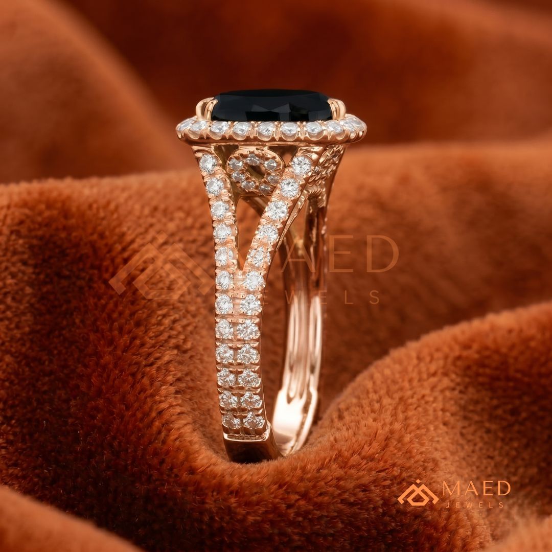 Gothic Luxury Black Spinel Split Shank Ring – Silver, 14K Yellow & Rose Gold