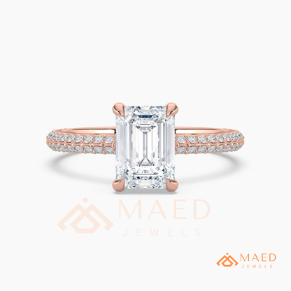 Emerald Cut Engagement Ring with Multi-Row Pavé Band in Silver, 14K Gold, & 14K Rose Gold