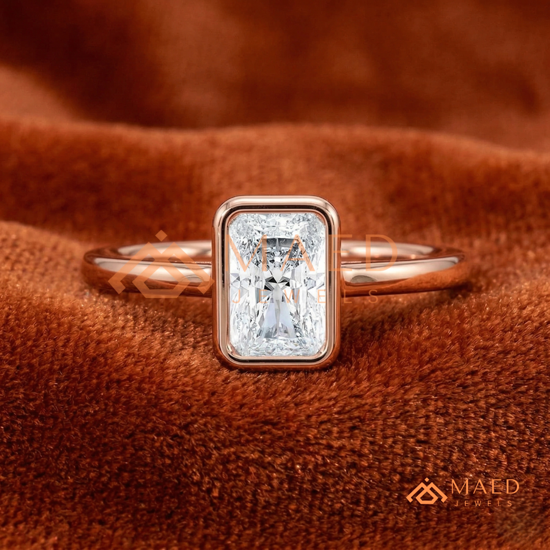 Radiant Cut Diamond Bezel Solitaire Ring | 14k Gold, Rose Gold & Sterling Silver