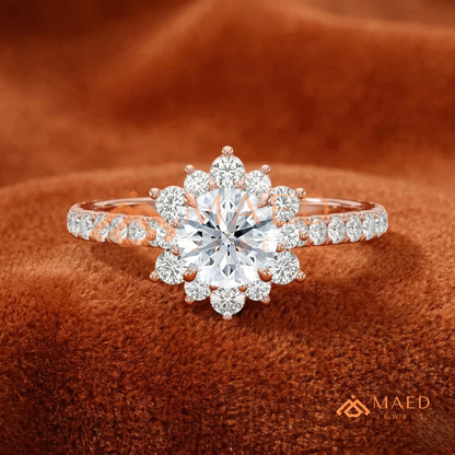 Vintage Starburst Halo Round Cut Engagement Ring with Pave Band in Silver, 14K Gold & Rose Gold