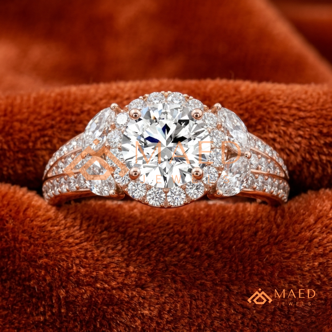 Radiant Halo Engagement Ring with Marquise Side Stones & Pavé Band