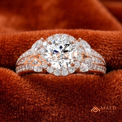 Radiant Halo Engagement Ring with Marquise Side Stones & Pavé Band