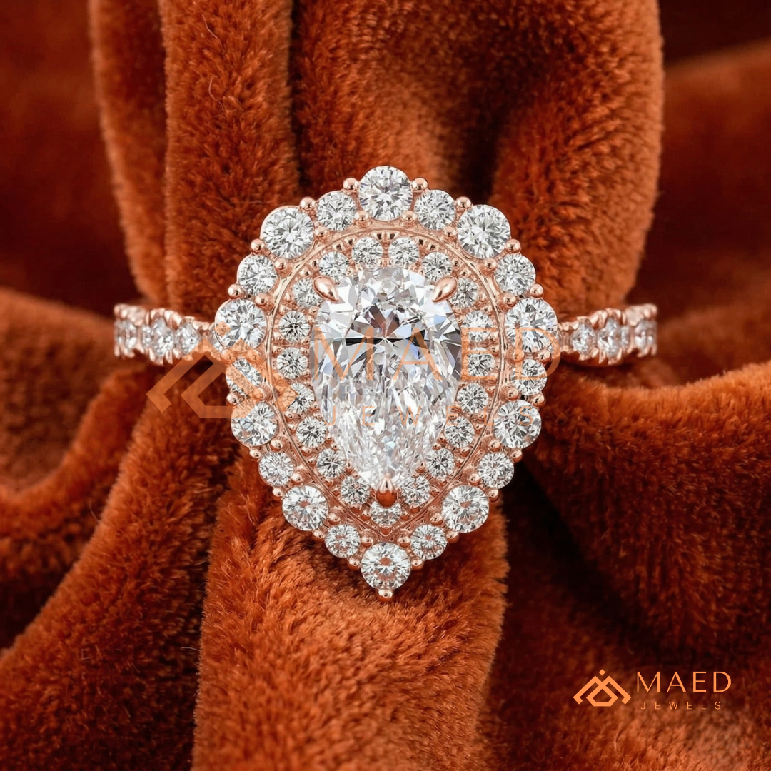 Vintage Pear Shaped Double Halo Engagement Ring with Pave Band in Silver, 14K Gold & Rose Gold