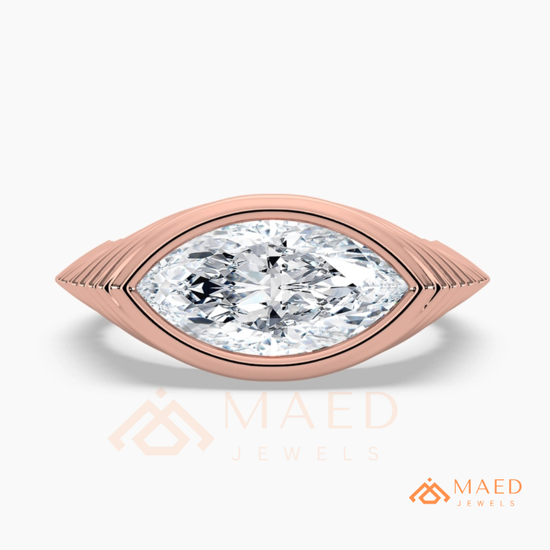 East-West Marquise Bezel Engagement Ring | Fluted Band in 14K Gold, Rose Gold & Silver