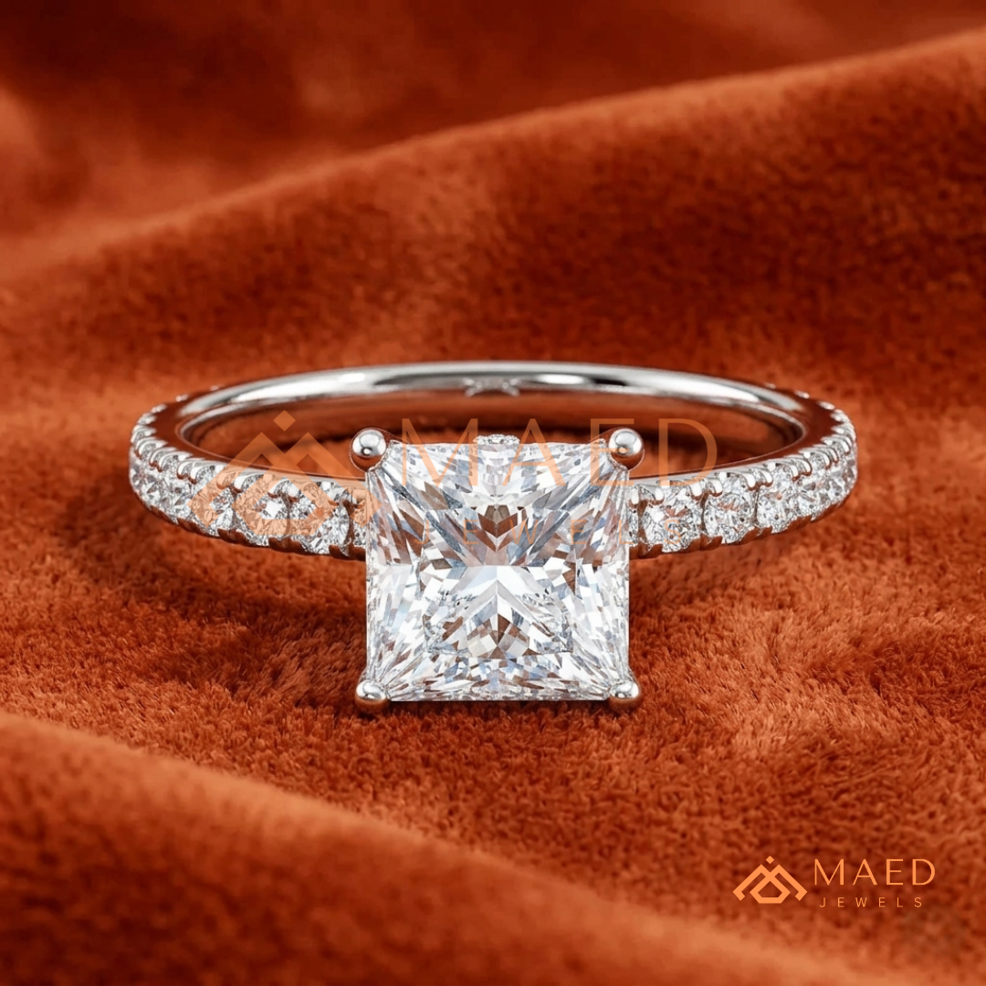 Princess Cut Engagement Ring with Pavé Band in Silver, 14K Gold, & 14K Rose Gold