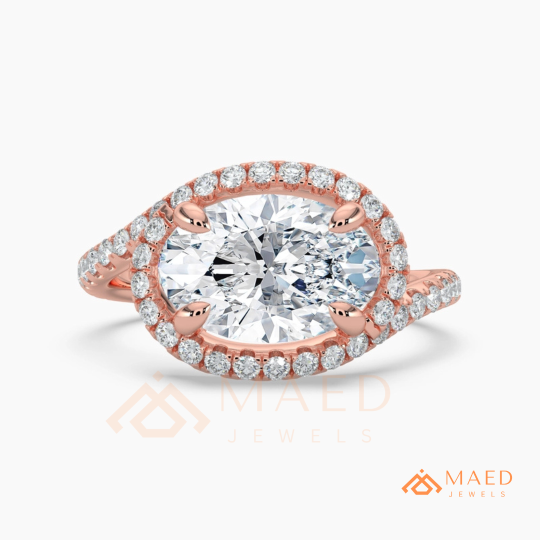 East-West Oval Cut Halo Engagement Ring | Bypass Pavé Band in 14K Gold, Rose Gold & Sterling Silver