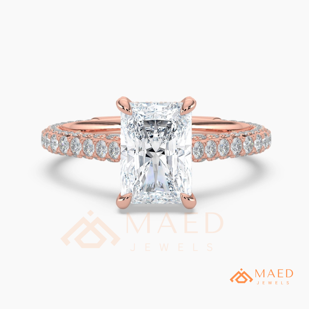 Radiant Cut Engagement Ring with Three-Row Pavé Band | 14k Gold, Rose Gold & Silver