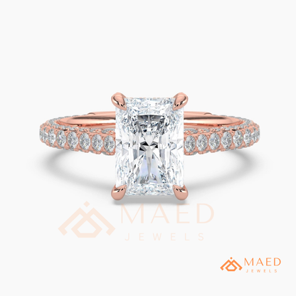 Radiant Cut Engagement Ring with Three-Row Pavé Band | 14k Gold, Rose Gold & Silver