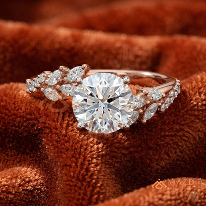 Round Cut Moissanite Nature Inspired Engagement Ring in 925 Sterling Silver, 14K Gold & 14K Rose Gold | Marquise Leaf Cluster Twisting Wedding Ring