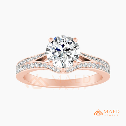 Round Brilliant Cut Split Shank Cathedral Engagement Ring in 14K Gold, Rose Gold & Silver | Vintage-Inspired Pave Accent Ring for Women