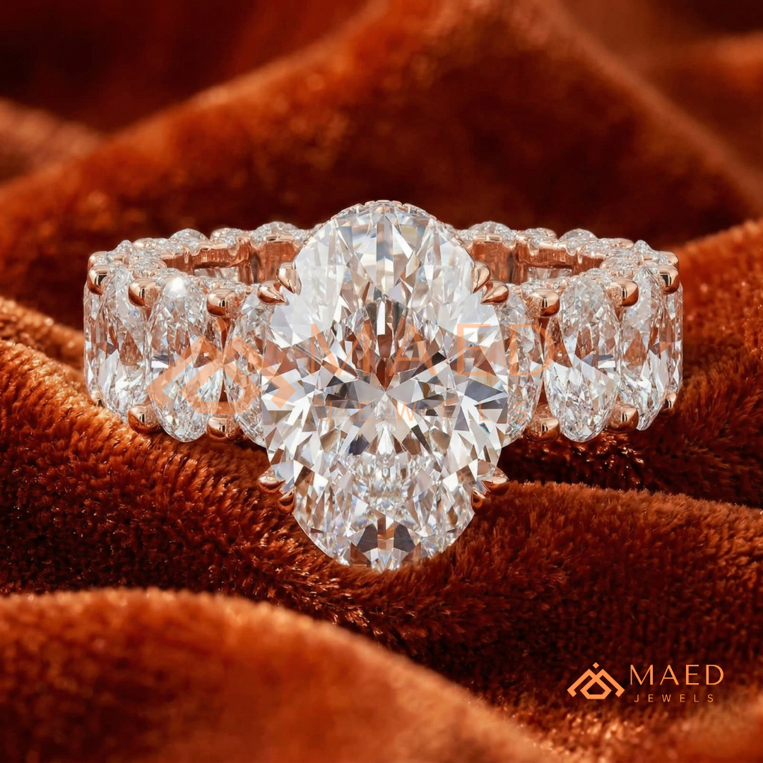 Elongated Oval Cut Engagement Ring with Full Oval Eternity Band | 14k Gold & Silver