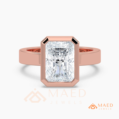 Radiant Cut Bezel Set Engagement Ring with Wide Flat Band in 14K Gold, Rose Gold & Silver