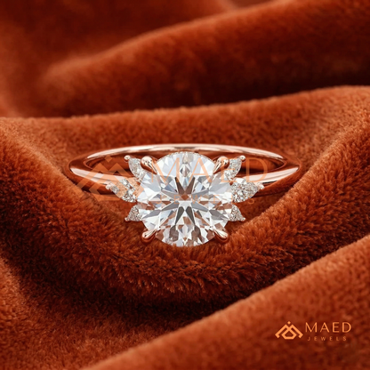Round Brilliant Cut Ring with Marquise Floral Cluster | 14k Gold, Rose Gold & Silver