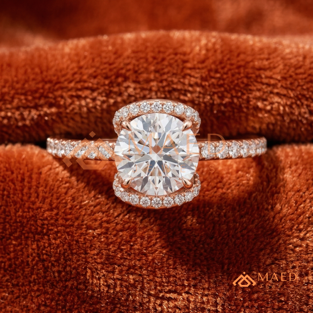 Modern Round Cut Open Arc Halo Engagement Ring in 14K Gold, Rose Gold & Silver