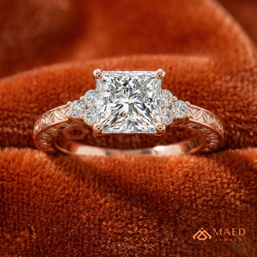 Vintage Princess Cut Three-Stone Engraved Ring | 14K Gold, Rose Gold & Silver