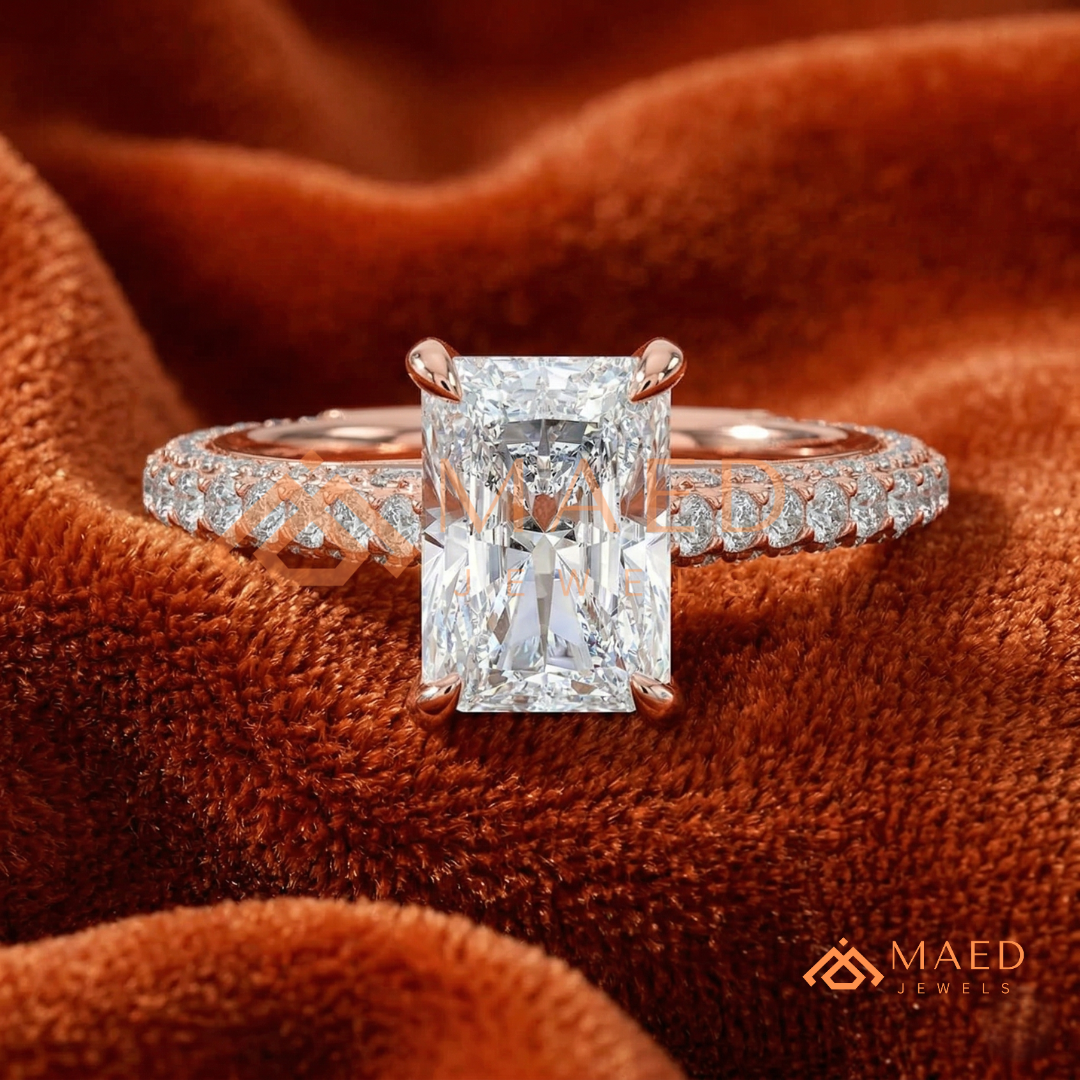 Radiant Cut Engagement Ring with Three-Row Pavé Band | 14k Gold, Rose Gold & Silver
