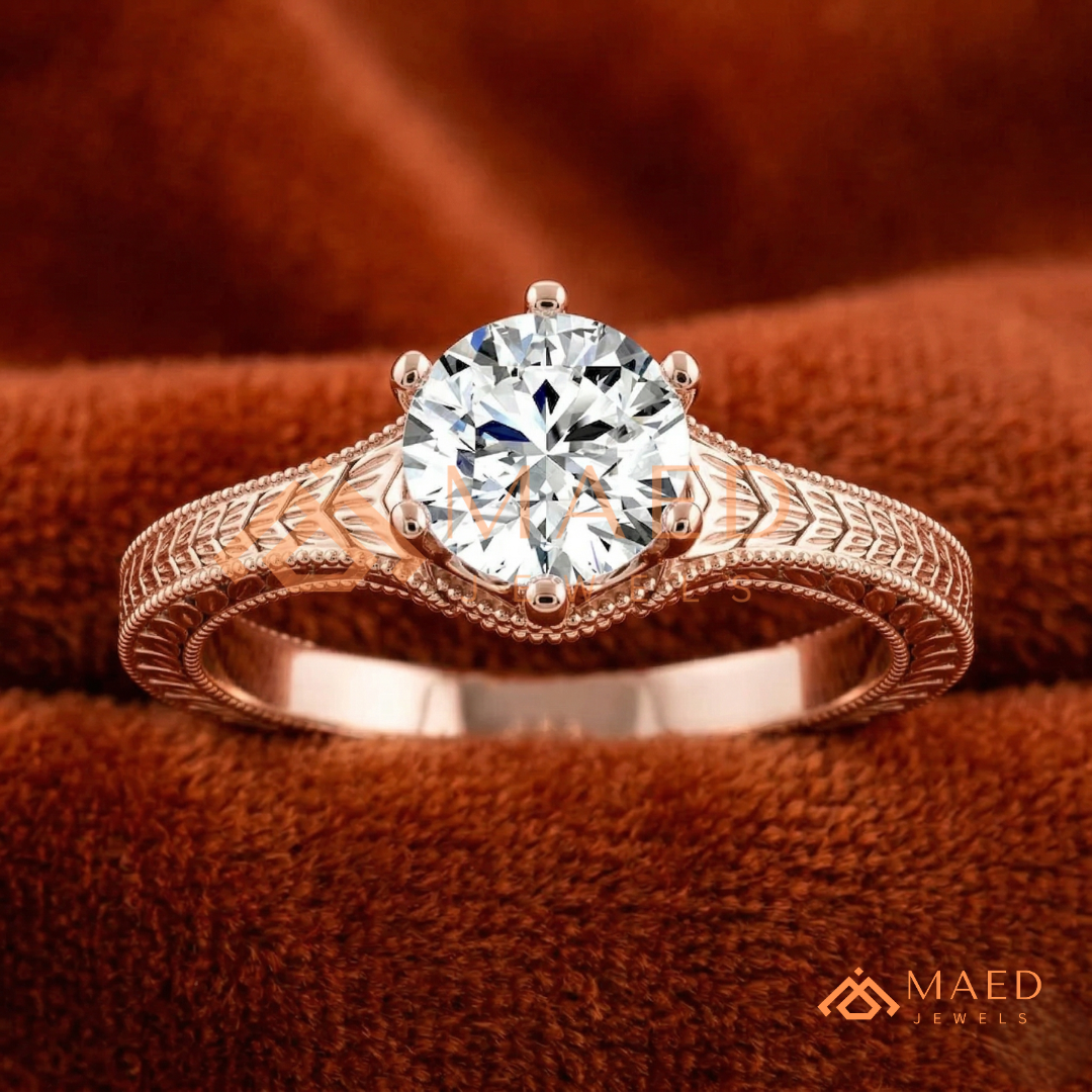 Heirloom Wheat Pattern Round Cut Ring in 14K Yellow Gold, Rose Gold & Sterling Silver