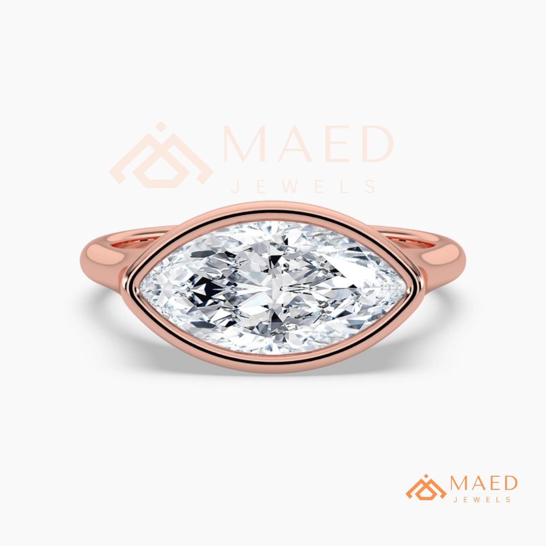 East-West Marquise Cut Bezel Engagement Ring | 14k Gold, Rose Gold & Sterling Silver Modern Solitaire Band