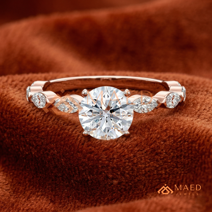 Round Cut Engagement Ring with Marquise Accent Cluster Band in 14K Gold, Rose Gold & Silver