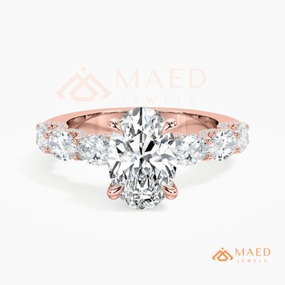 Oval Cut Engagement Ring with Large Round Accent Band | 14K Gold & Silver Shared Prong