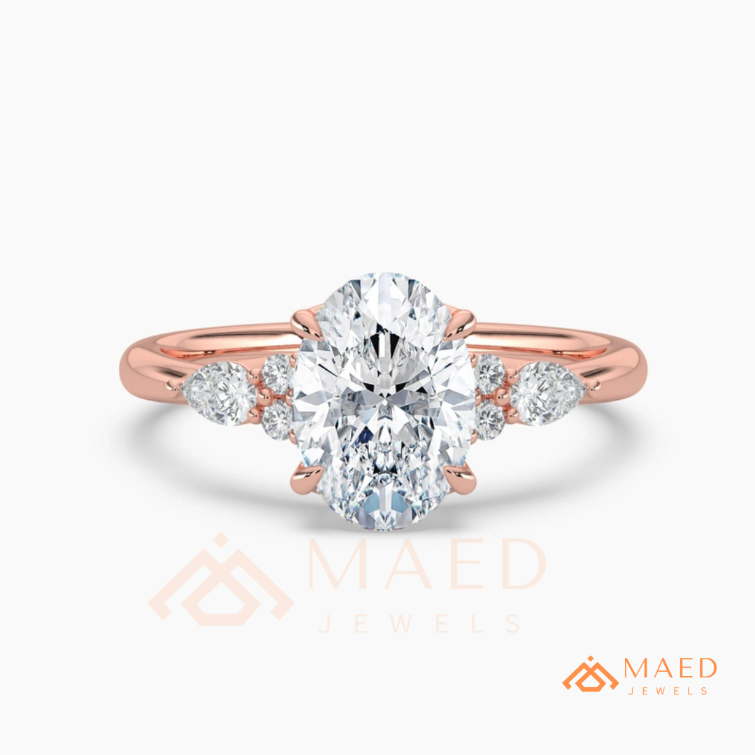 Oval Cut Cluster Engagement Ring | Pear & Round Side Stones in 14K Gold & Silver
