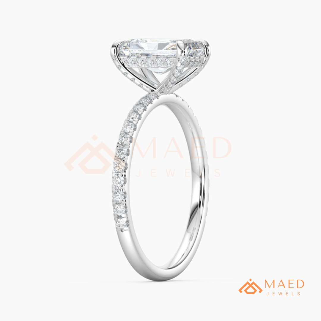 Radiant Cut Moissanite Engagement Ring in Sterling Silver, 14K White Gold & Rose Gold | Hidden Halo Diamond Band For Women