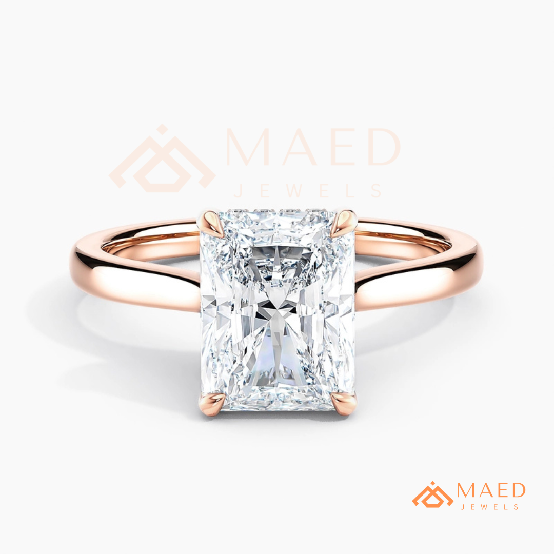 Classic Radiant Cut Solitaire Engagement Ring with Hidden Halo in Silver, 14K Gold & Rose Gold