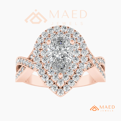 Double Halo Pear Cut Engagement Ring with Twisted Pave Band