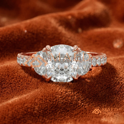 Classic Cushion Cut Three-Stone Engagement Ring with Half-Moon Side Stones in Silver, 14K Gold & Rose Gold