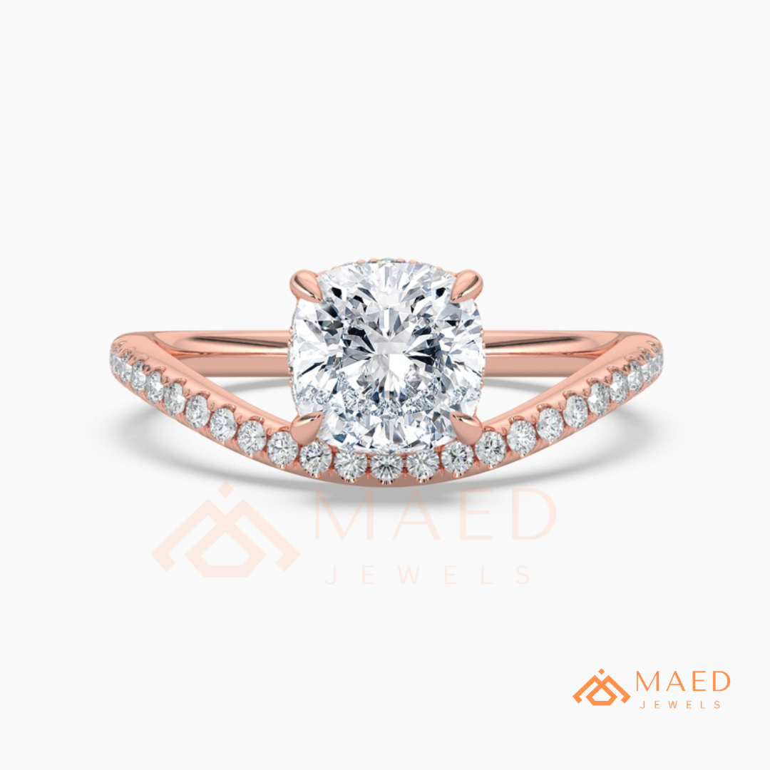 Cushion Cut Moissanite Chevron Engagement Ring, Curved Pavé Diamond Wishbone Wedding Ring in Silver, 14K Gold & Rose Gold