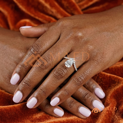 Pear Cut Chevron Engagement Ring with V-Shaped Pavé Band in Silver, 14K Gold, & 14K Rose Gold