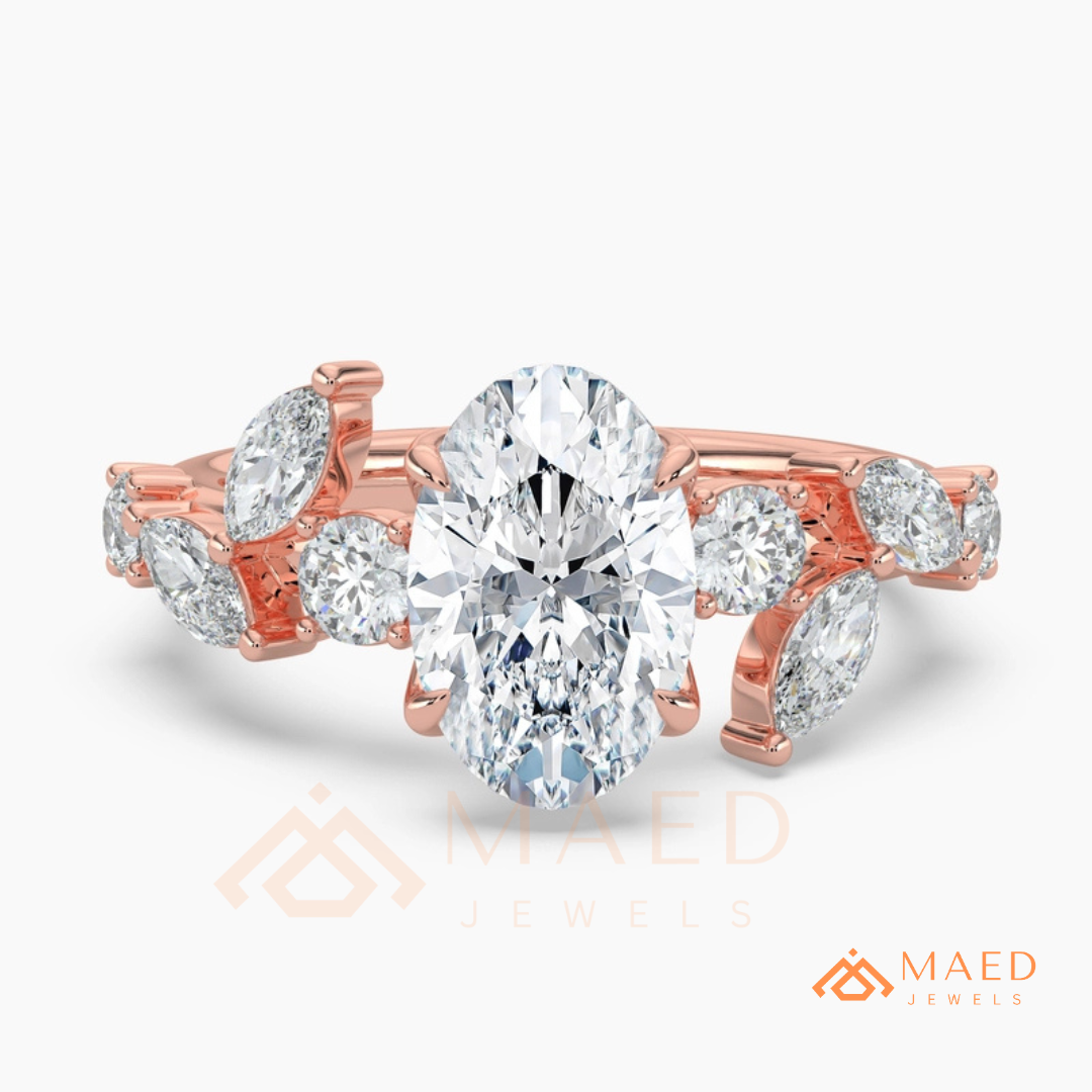 Asymmetric Oval Cut Cluster Engagement Ring | Marquise Leaf Vine Band
