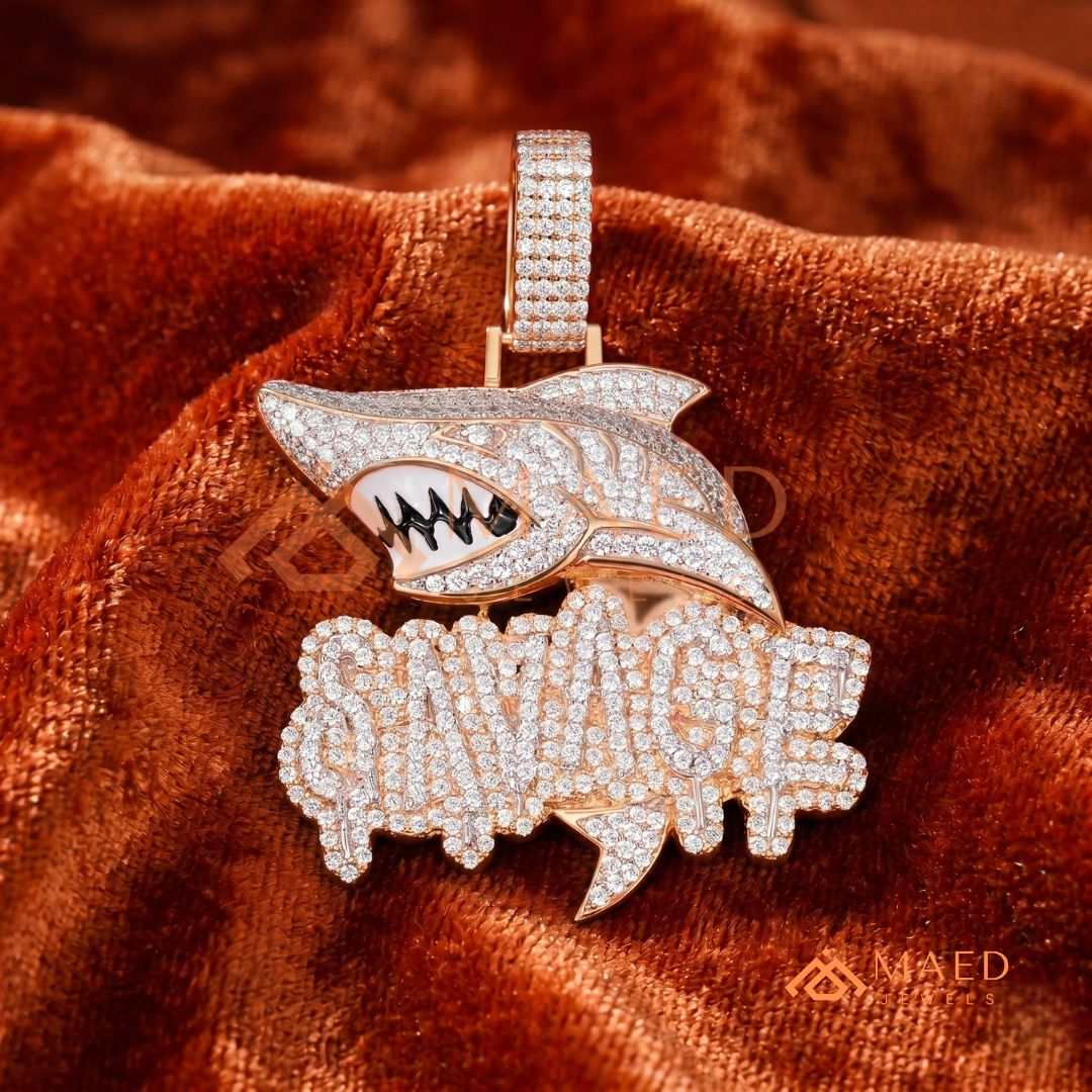 Iced-Out "SAVAGE" Shark Pendant – Micro-Pave Diamond Finish
