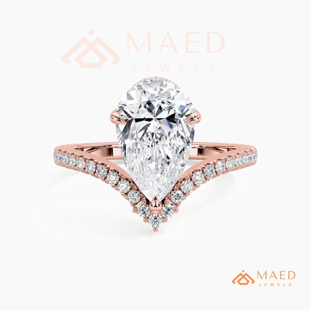 Pear Cut Chevron Engagement Ring in Sterling Silver, 14K Gold & 14K Rose Gold
